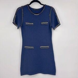 Marc Jacobs Navy Blue Knit Dress with Gold Chain & Pearl Embellishments‎